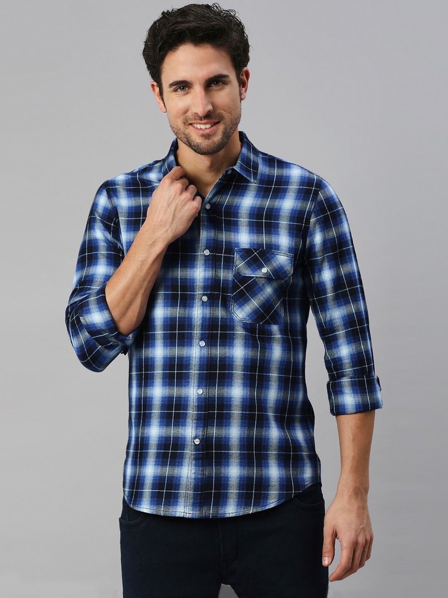 SOLEMIO Navy Slim Fit Check Cotton Shirt