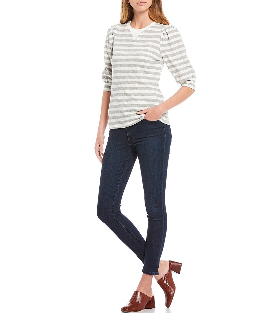 A Loves A Banded Puff Sleeve Knit Striped Tee