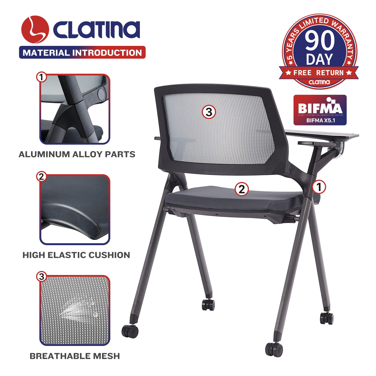 CLATINA Tablet Arm Chair with Caster Wheels Mesh Guest Nesting Stacking for Office School Classroom Training Conference Waiting Room Gray