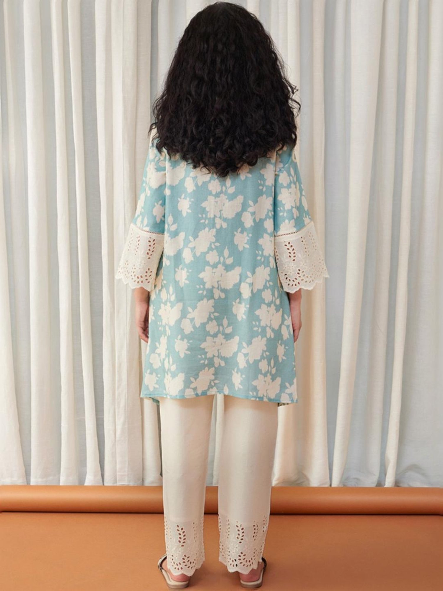 Bombay Bloom Unbleached Aqua Blue Flared Cutwork Linen Tunic with Pant Co-ord Set