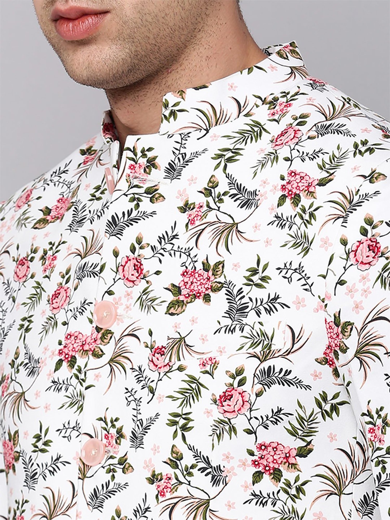 SHOWOFF White Cotton Slim Fit Floral Print Blazer