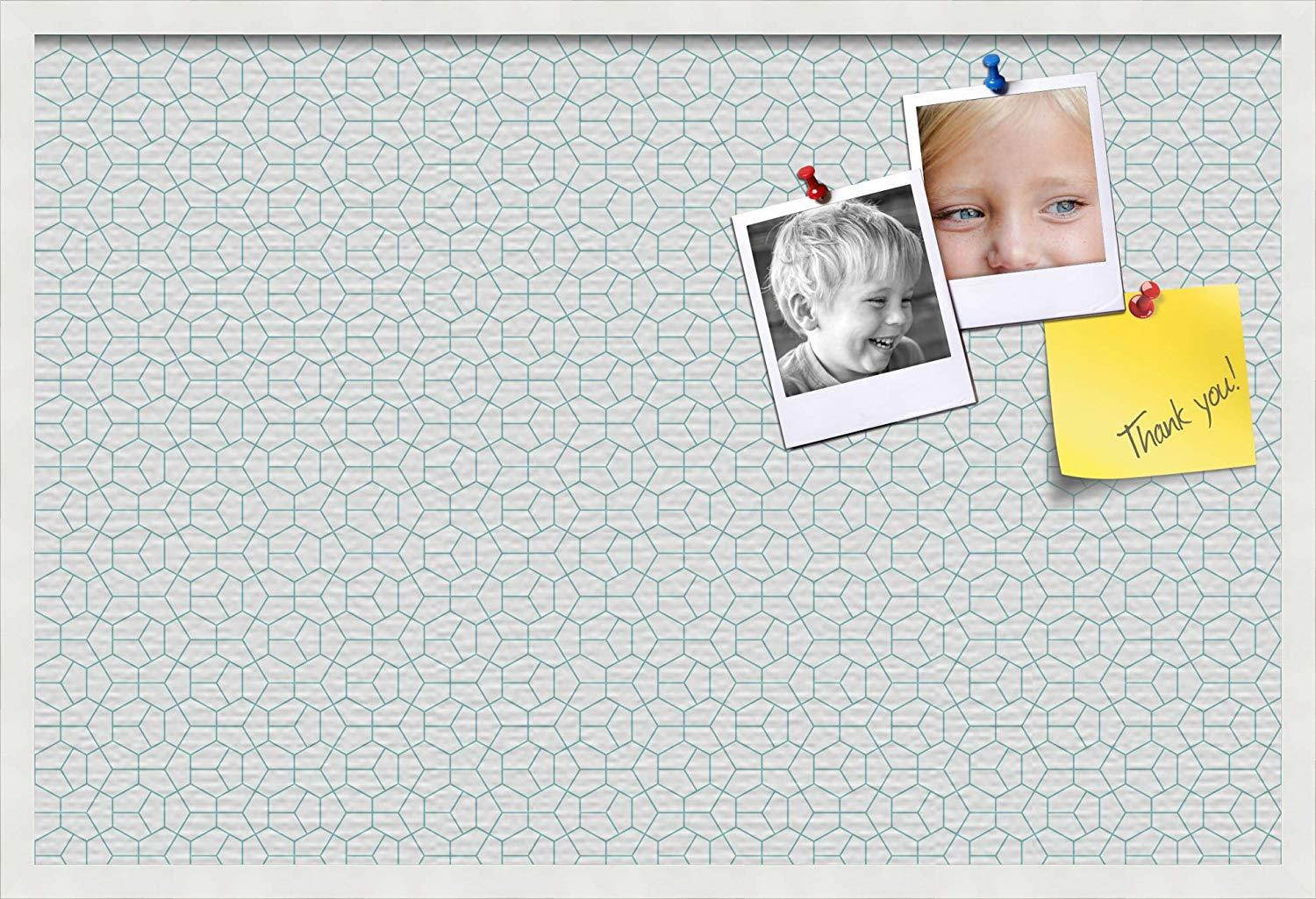 PinPix pin Cork Bulletin Board Made from Canvas, Modeco Hex Aqua 36x24 Inches 2 x 3 ft and Framed in Satin White Frame (PinPix-1540-36x24_FRBW26074)