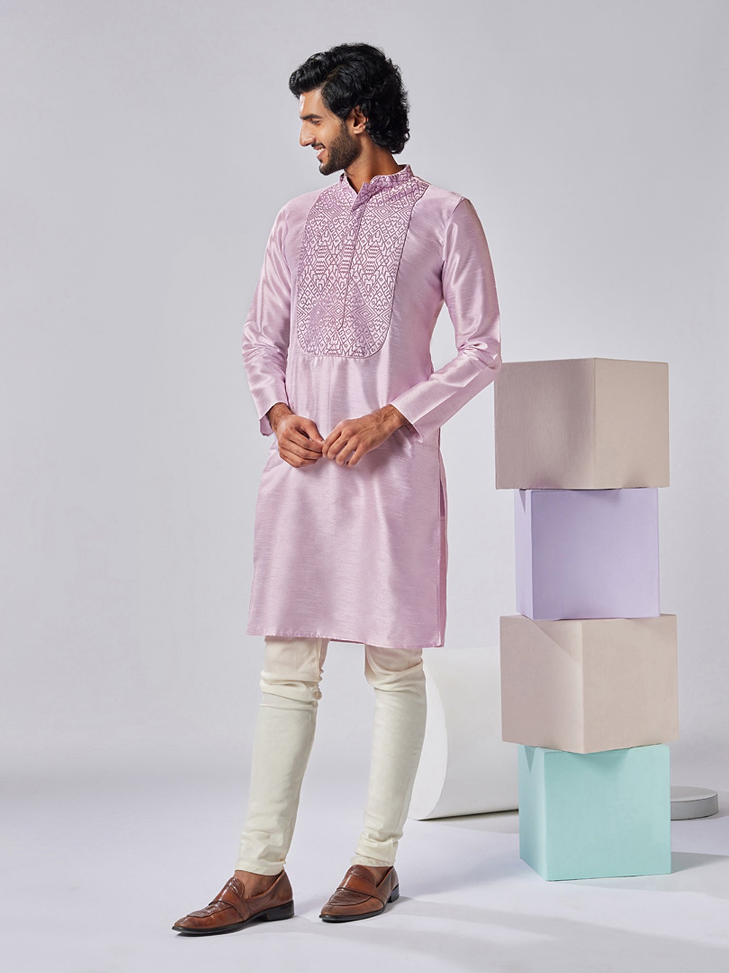 KISAH Lavender & Cream Regular Fit Embroidered Kurta & Churidar Set