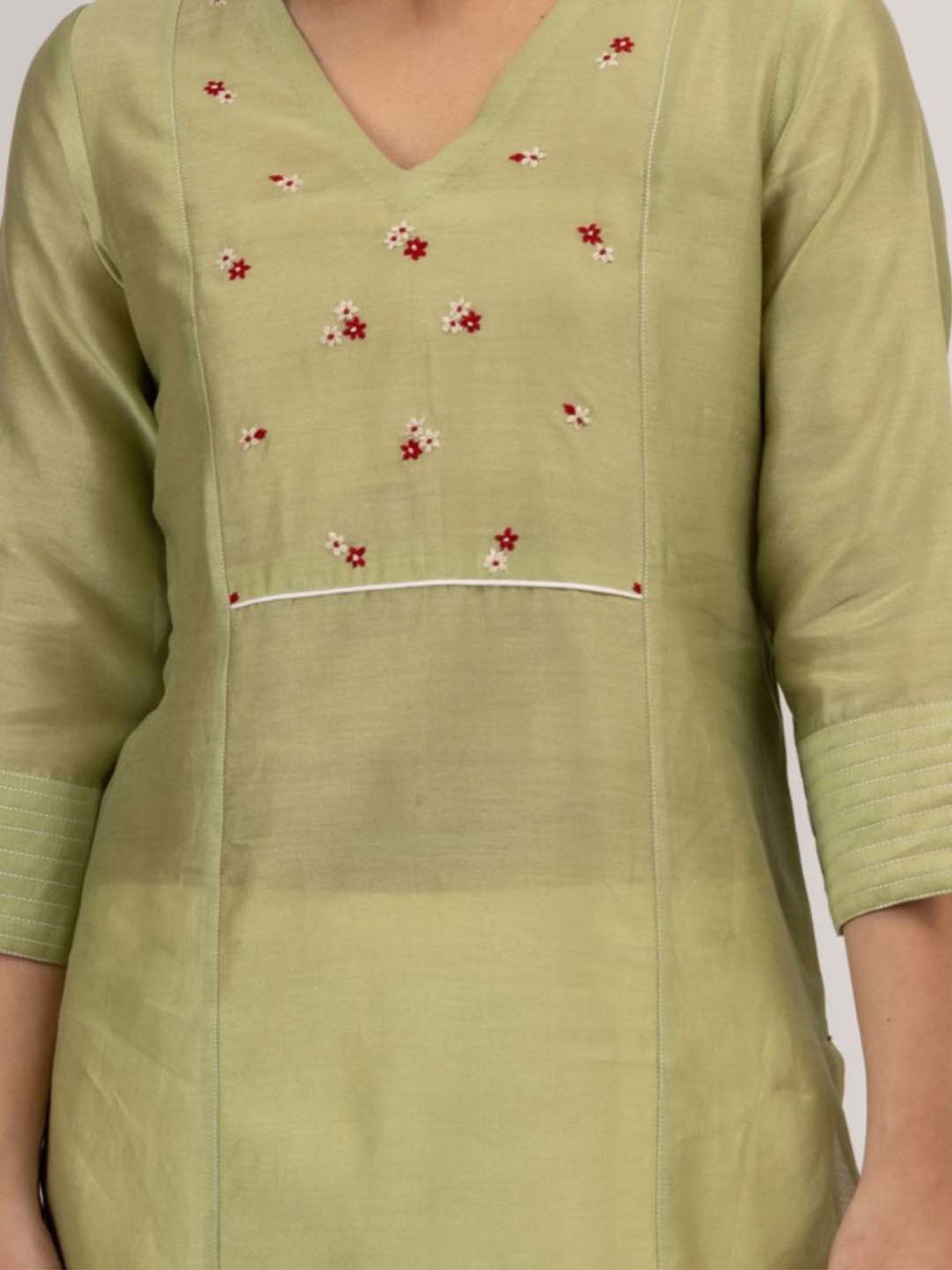 Mushio Green Fiora Hand Embroidered Chanderi Silk Front Panel Kurta With Slip
