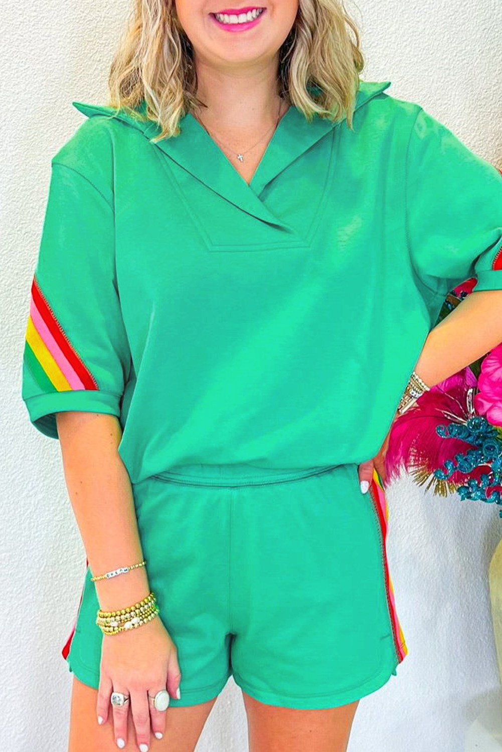 Skobeloff Textured Ruffle Split Top and Drawstring Shorts Set