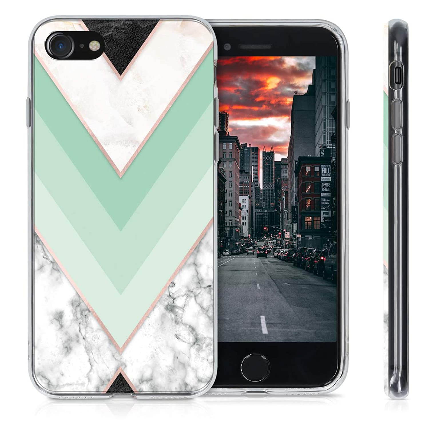 kwmobile Case Compatible with Apple iPhone 7/8 / SE (2020) - TPU Crystal Clear Back Protective Cover IMD Design - Marble Mint/Rose Gold/White
