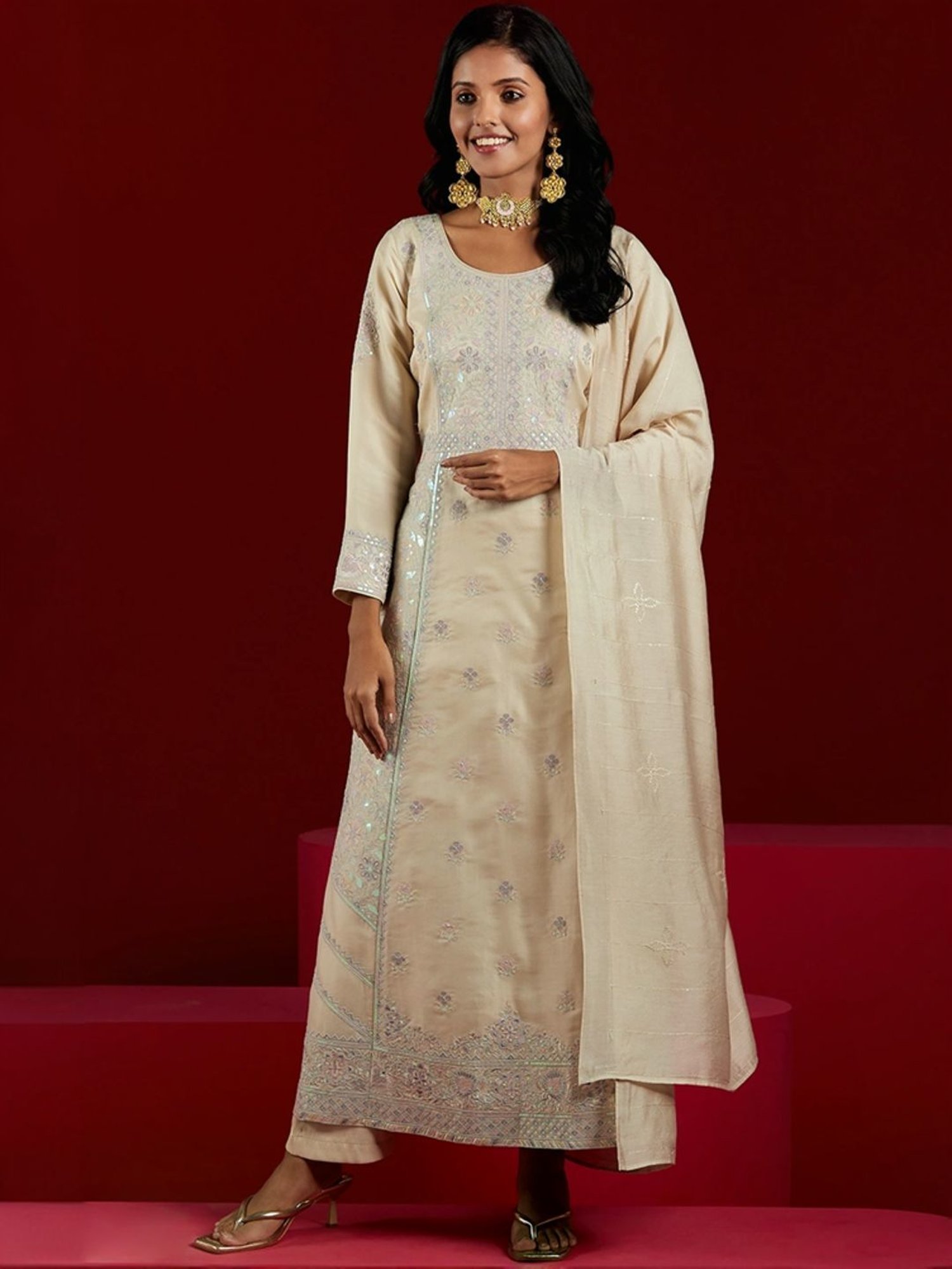 Libas Art Beige Embroidered Kurta Pant Set With Dupatta