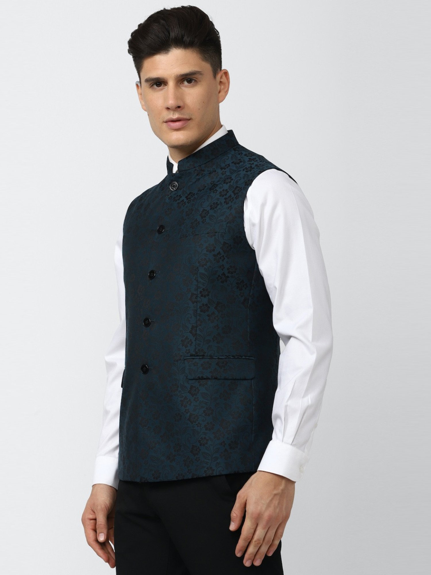 V Dot Navy Slim Fit Printed Nehru Jacket