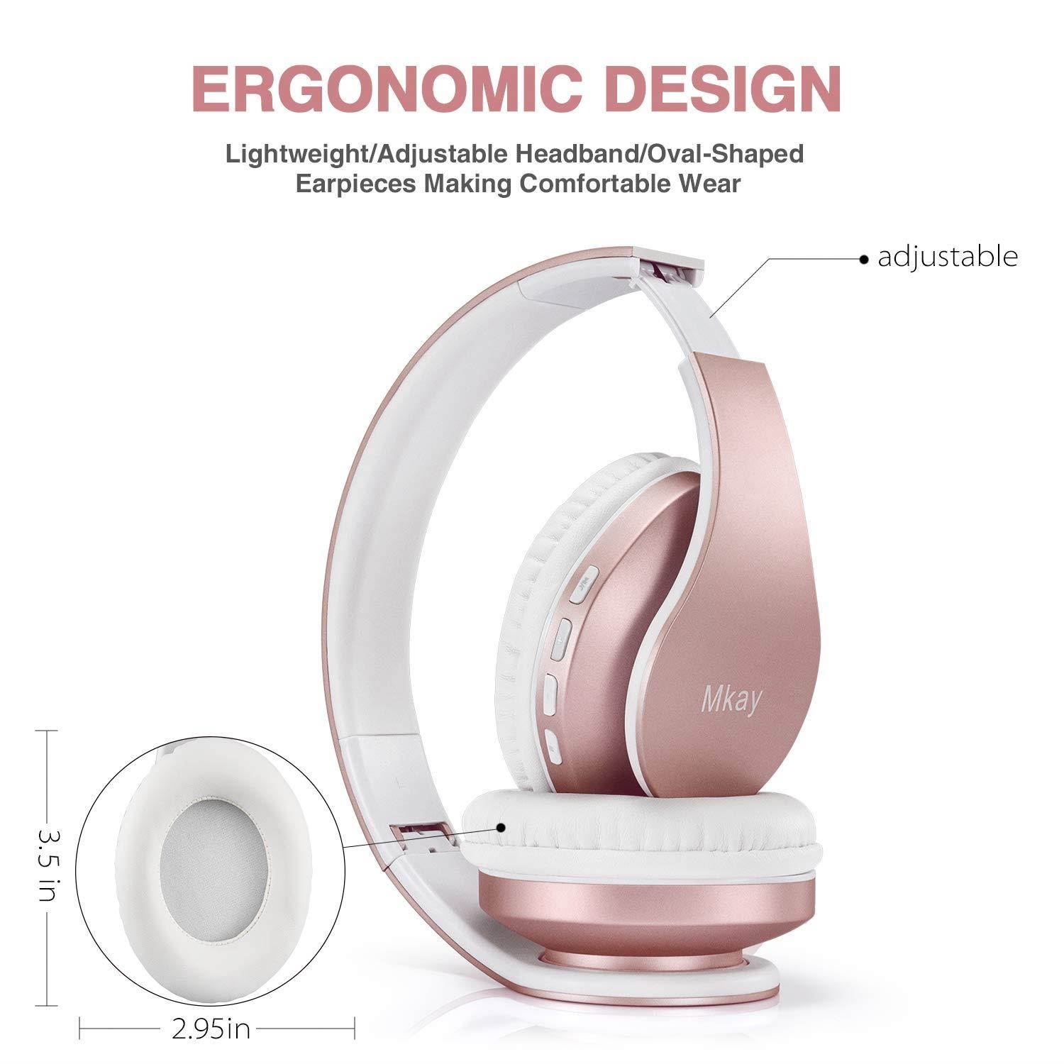 Bluetooth Headphones Wireless,MKay Over Ear Headset V5.0 with Microphone, Foldable & Lightweight, Support Tf Card MP3 Mode and Fm Radio for Cellphones Laptop TV-Rose Gold