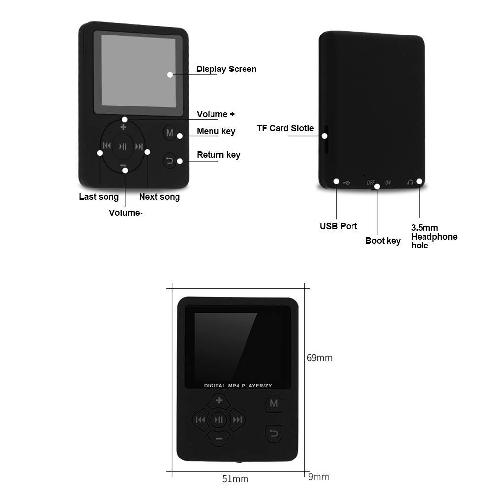 MP3 MP4 Digital Player 1.8 Inches Color Screen Music Player Lossless Audio Video Player Support E-book FM Radio Voice Recording TF Card Stopwatch