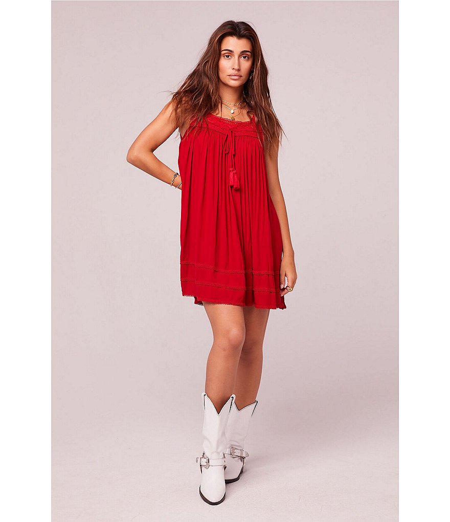 B.O.G. Collective Summer Love Tassel Detail Square Neck Lace Trim Sleeveless Babydoll Flirty Mini Swing Dress