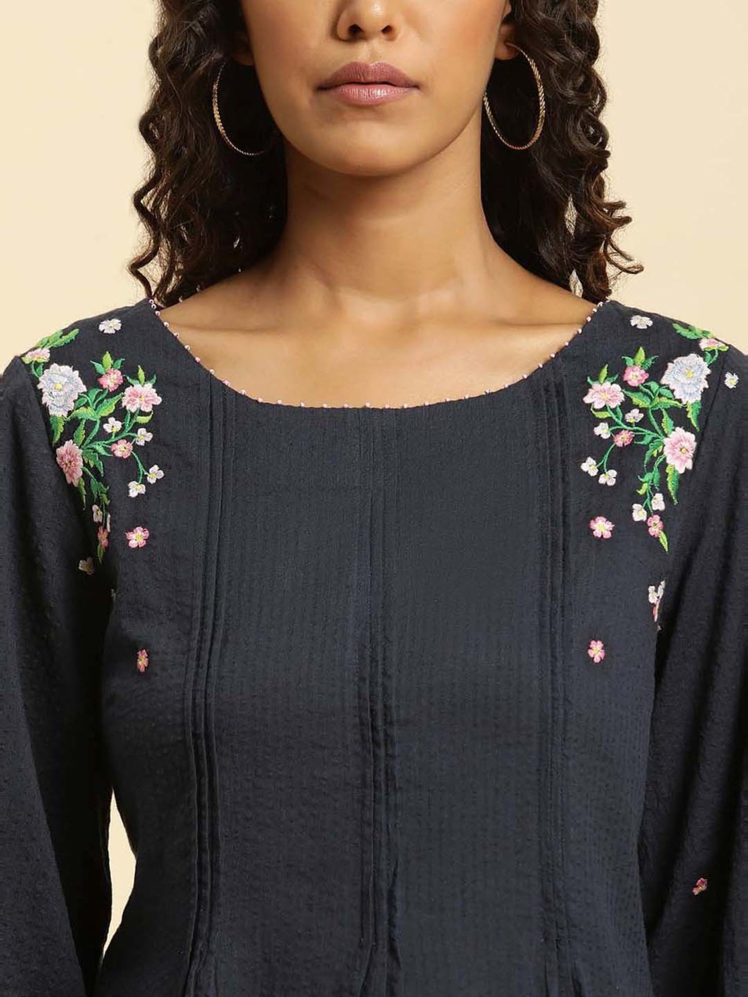 W Navy Cotton Embroidered Top