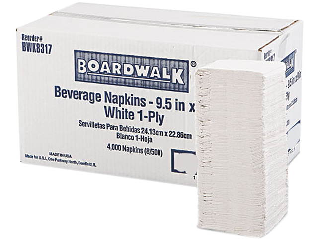 Boardwalk 8317 Beverage Napkins, 1-Ply, 9 1/2" x 9", White, 4000/Carton, 1 Carton