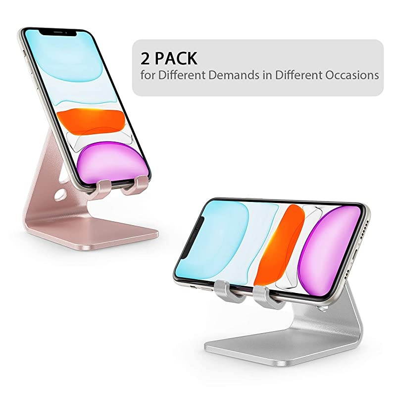 2 Pack]  Cell Phone Stand, Upgraded Aluminum Cell Phone Holder Phone Cradle with Protective Pads for iPhone 11 Pro Max, 11 XR XS 8 Plus SE , iPad Mini and Android Phones (Silver + Rose Gold)
