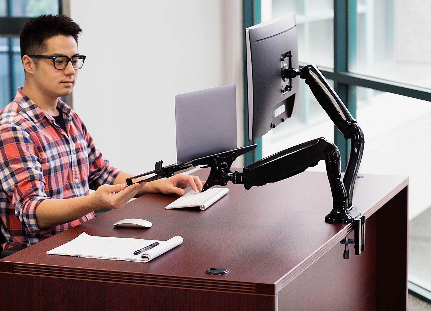 Mount-It! Laptop and Monitor Desk Stand | VESA Monitor Desk Mount with Laptop Tray