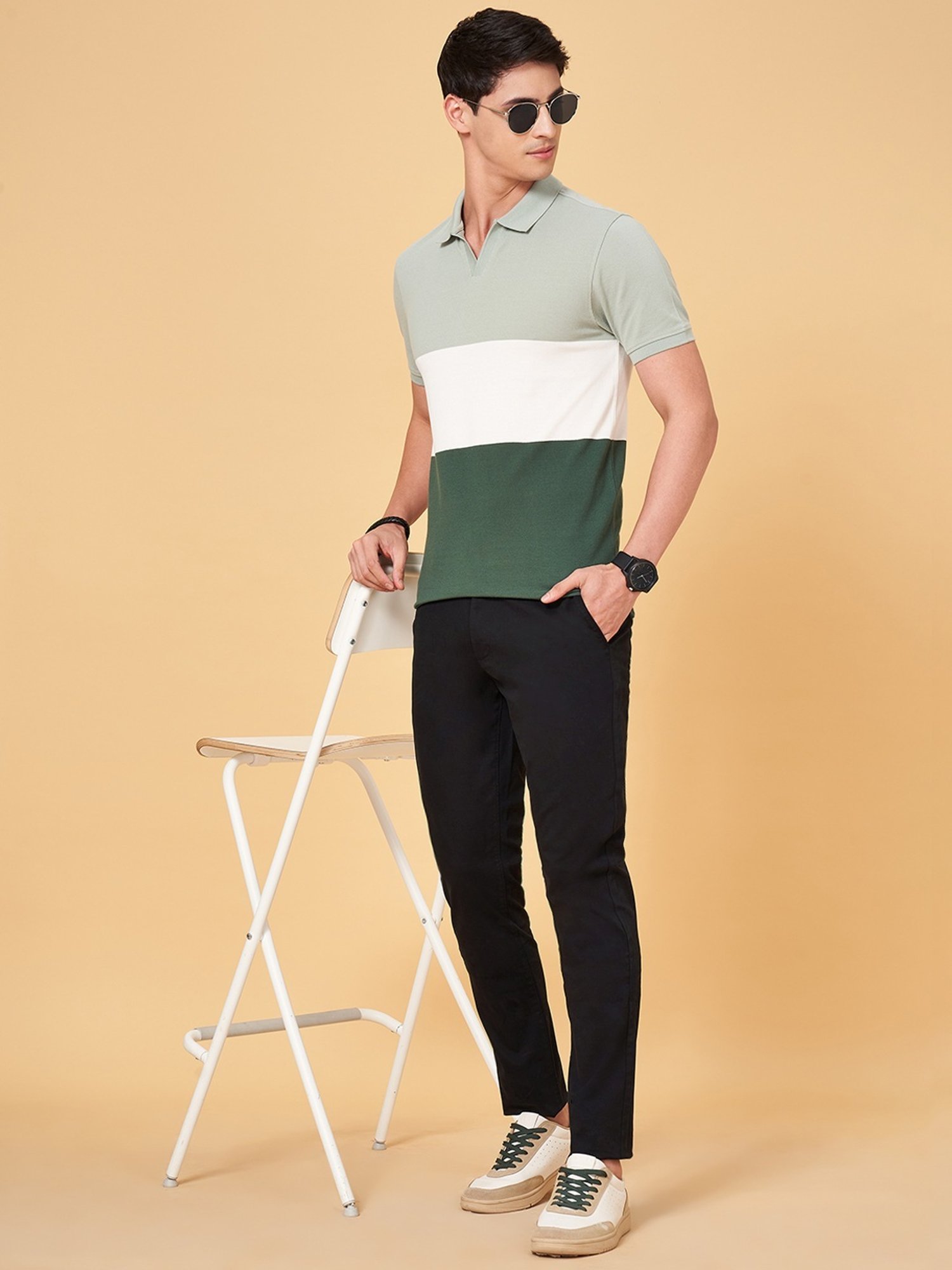 Byford By Pantaloons Light Green Slim Fit Colour Block Polo T-Shirt