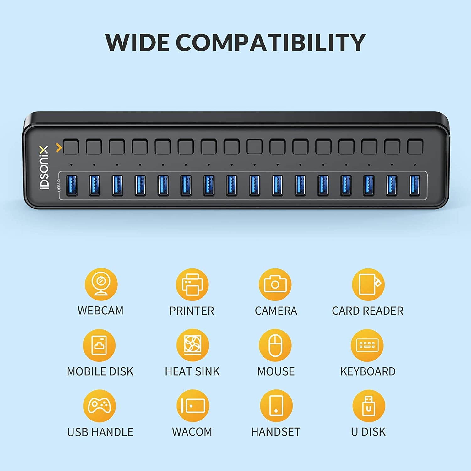 iDsonix USB 3.0 Hub 16-Port 12V / 6.5A Powered USB Hub with Individual Switches 5Gbps High Speed Transfer BC1.2 (5V2.4A) Fast Charge USB Splitter for Laptop PC HDD SDD and More -Black