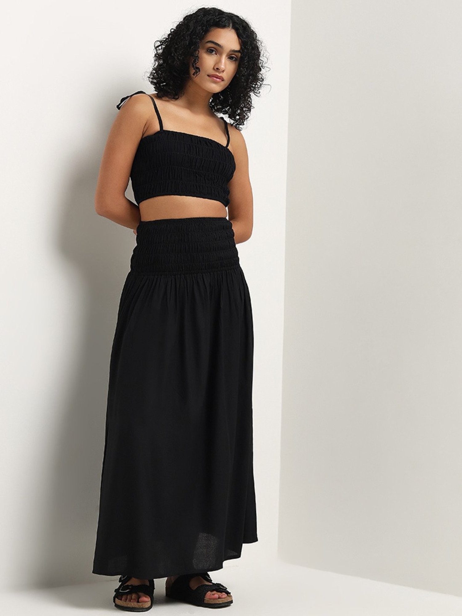 Wunderlove by Westside Black Smocked Cotton Crop Top