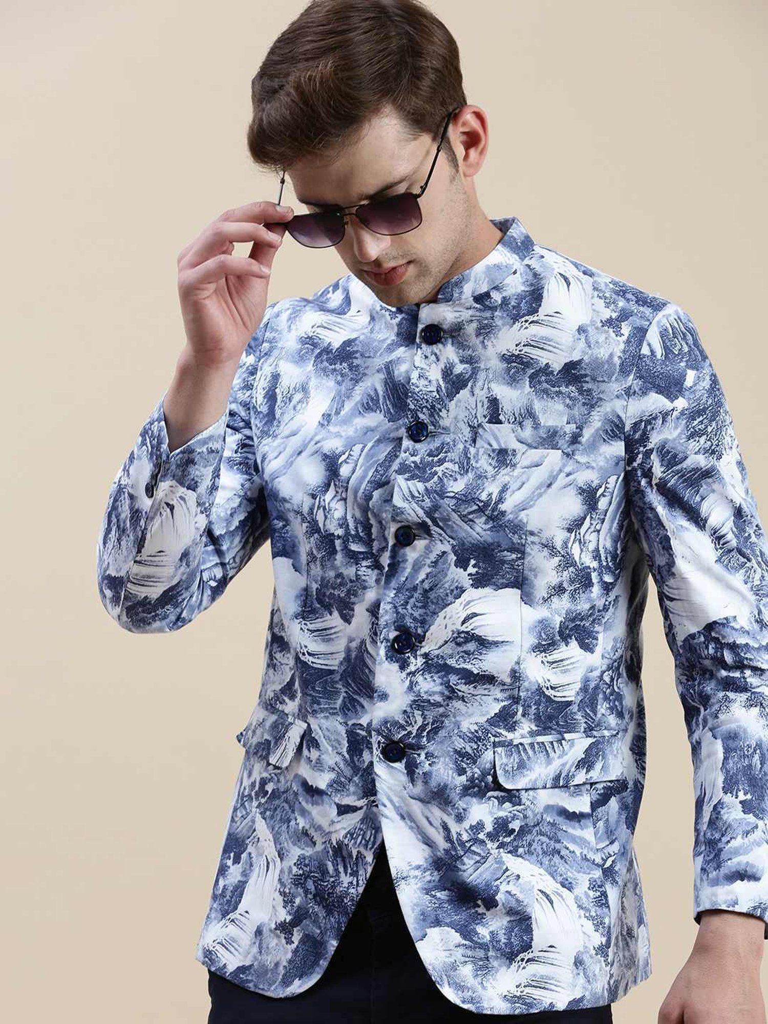 SHOWOFF Blue Slim Fit Printed Blazer