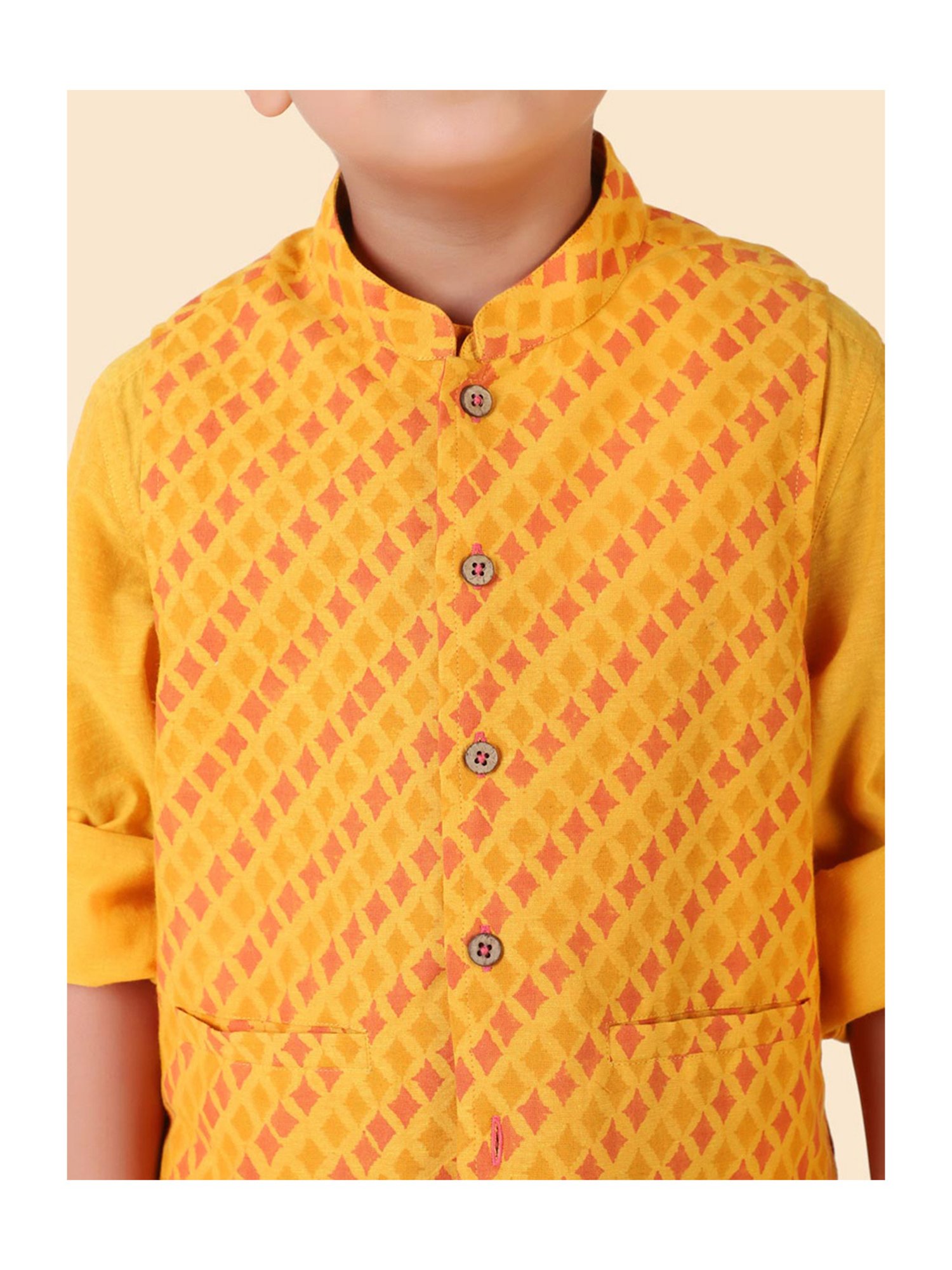 Fabindia Kids Yellow Printed Full Sleeves Kurta with Nehru Jacket