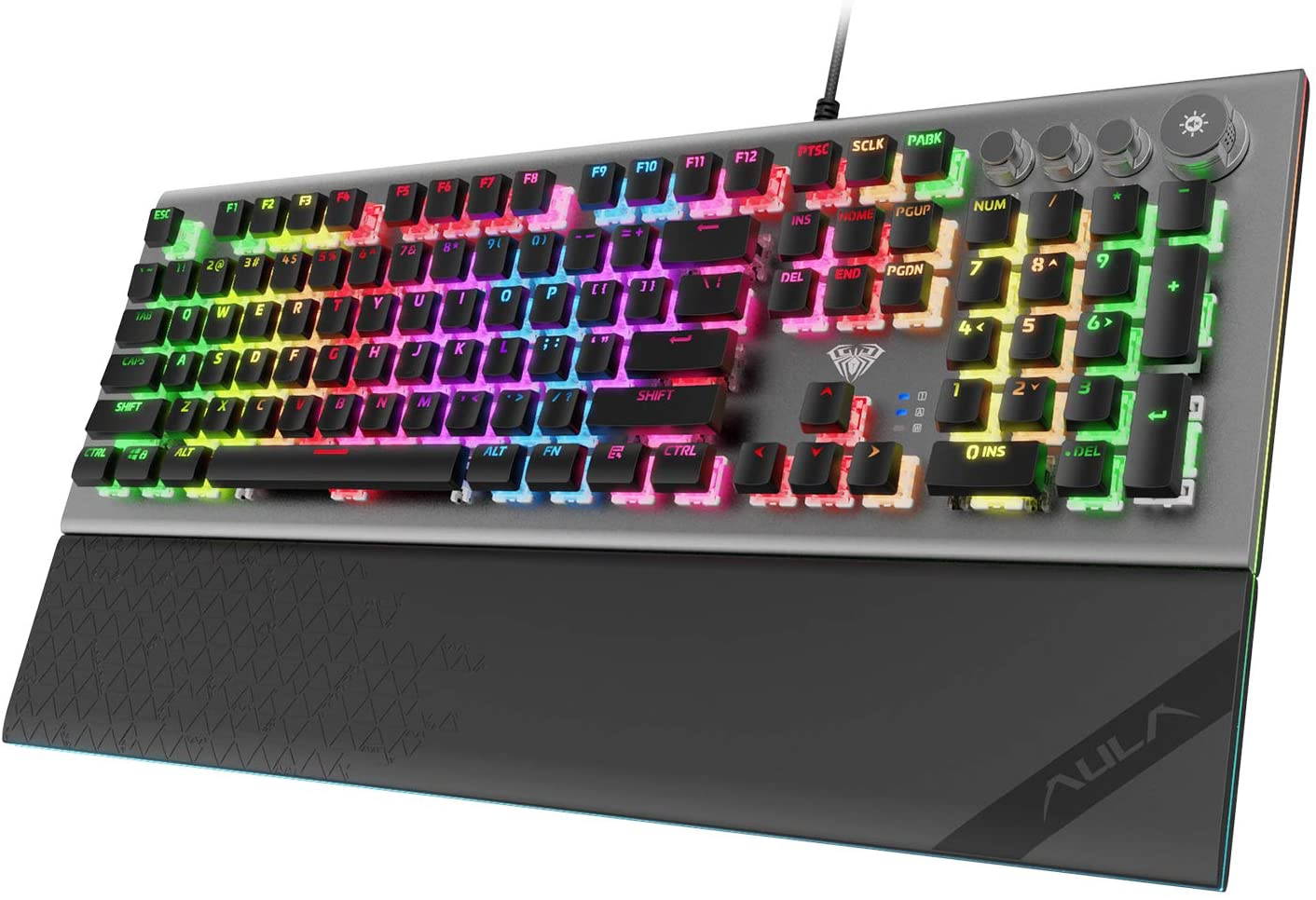 AULA L2098 RGB Mechanical Gaming Keyboard, 104 Floating-Keys Keyboard with Tactile Crystal Switches, Silver Metal Board, Magnetic Light Bar Wrist Rest Plus 4 Backlit/Media Control Knob Buttons