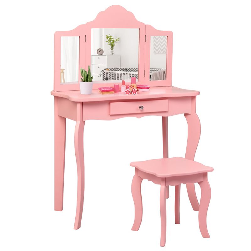 Costway Kids Vanity Table & Stool Princess Dressing Make Up Play Set for Girls Pink