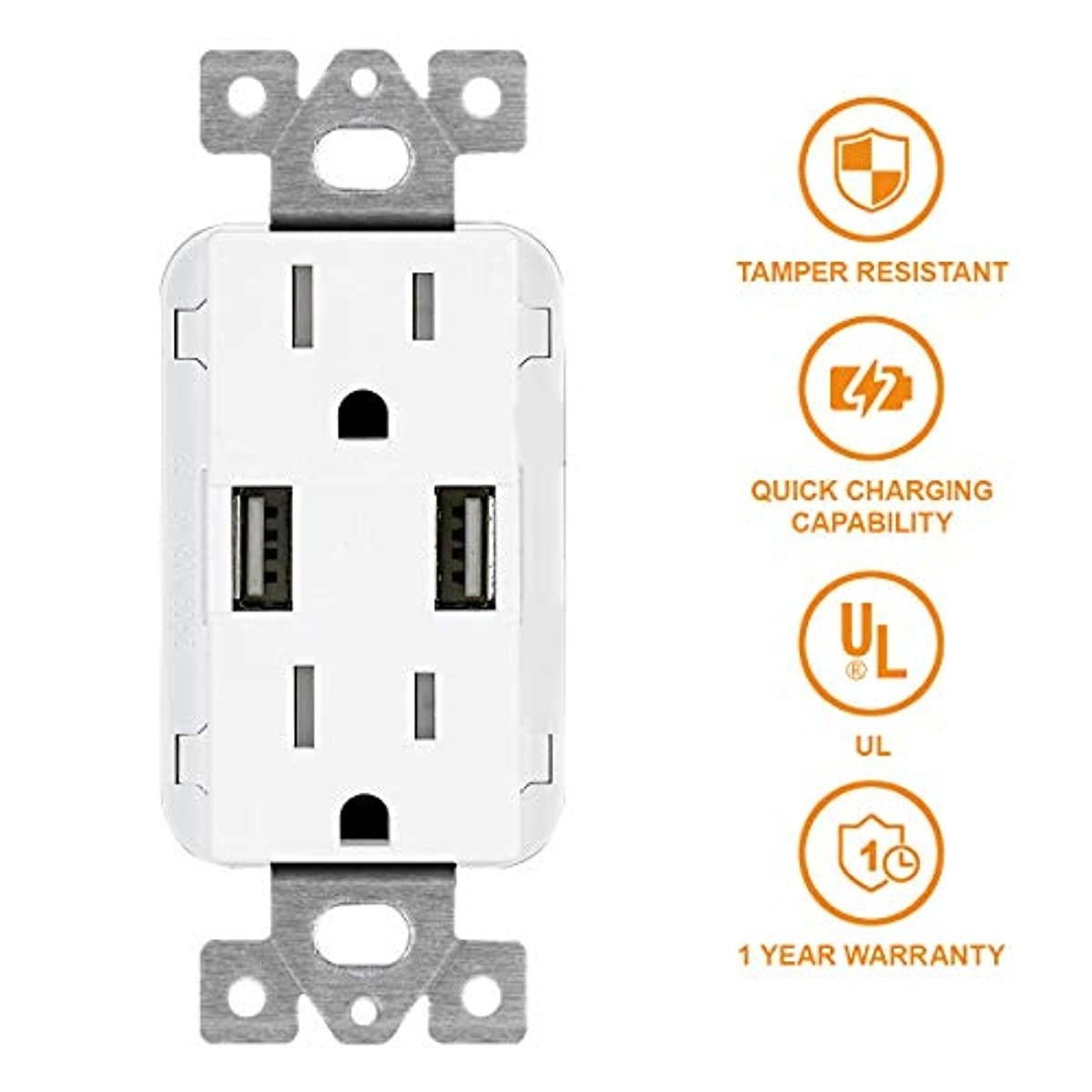 USB Charger Wall Outlet Dual High Speed Duplex Receptacle 15-Amp, Smart 3.1A Quick Charging Capability, Tamper Resistant Cover Plates Included MICMI C10 New Upgrade White, USB outlet 2pack