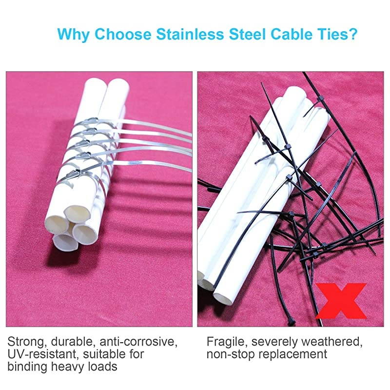 118 Inch Metal Cable Zip Ties 304 Stainless Steel Multipurpose Heavy Duty Selflocking Cable TiesSuitable for Exhaust Wrapping Fence Outdoor and Canopy Etc