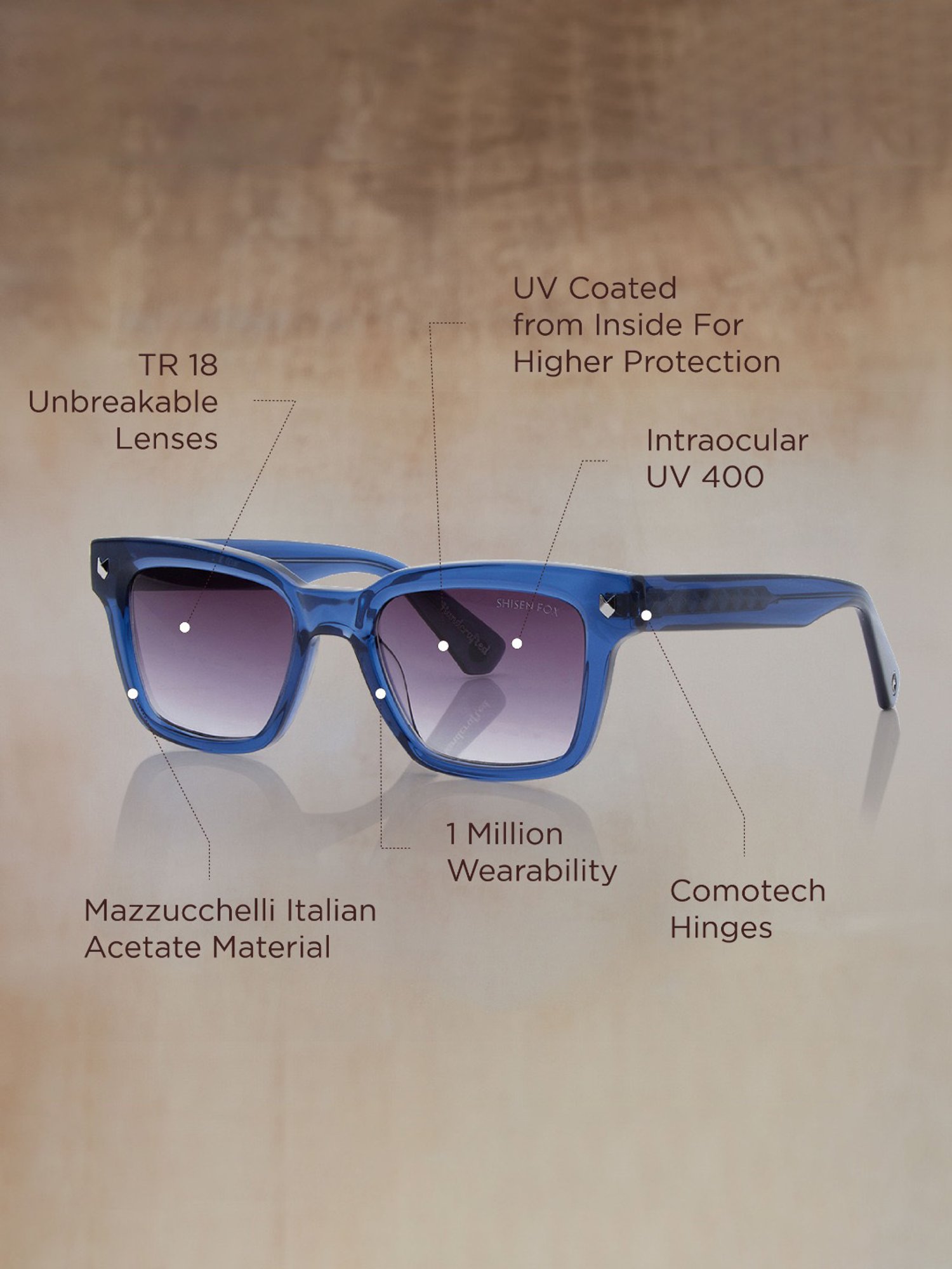 Shisen Fox Okinawa Sapphire Square Unisex UV Protection Sunglasses -52 mm