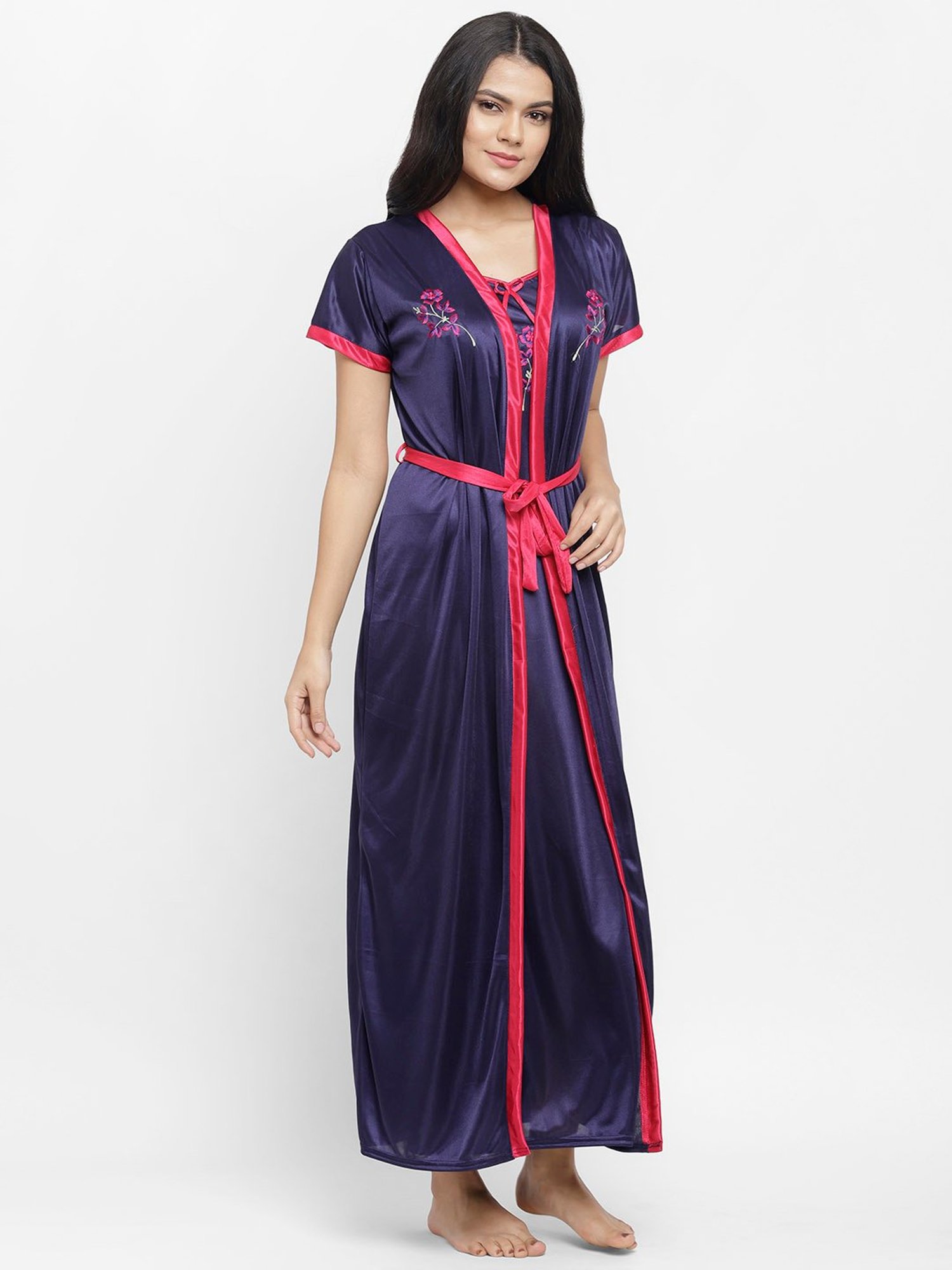 N-Gal Navy Embroidered Nighty With Robe