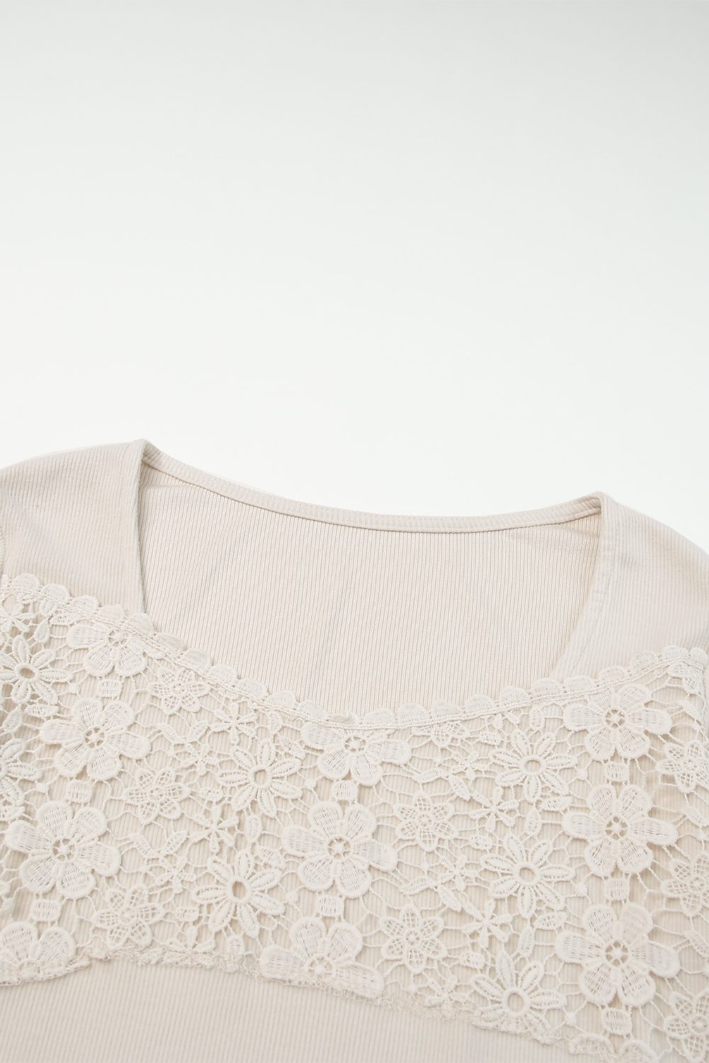 Beige Lace Contrast Casual Long Sleeve Top