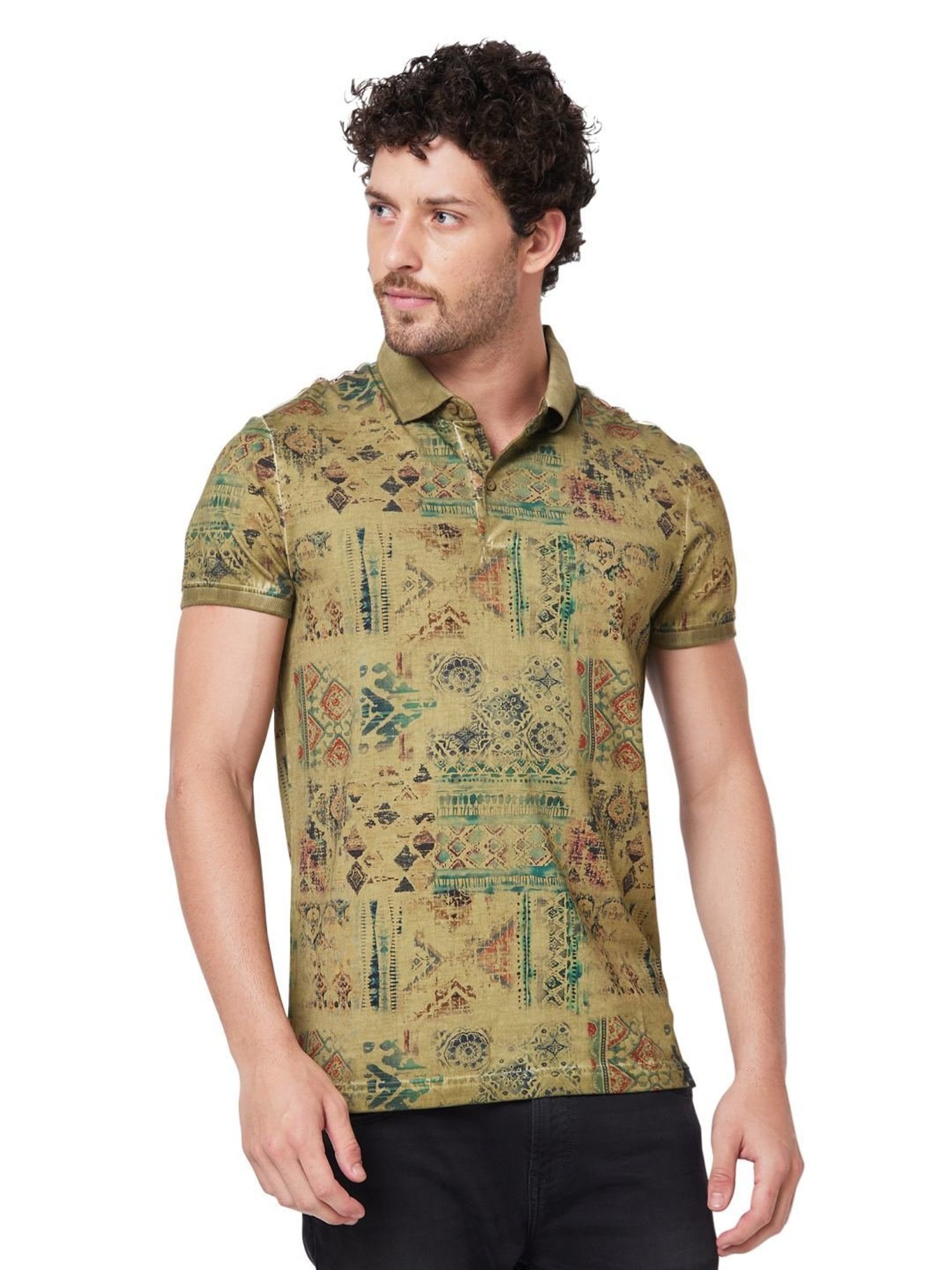 Spykar Green Cotton Slim Fit Printed Polo T-Shirt