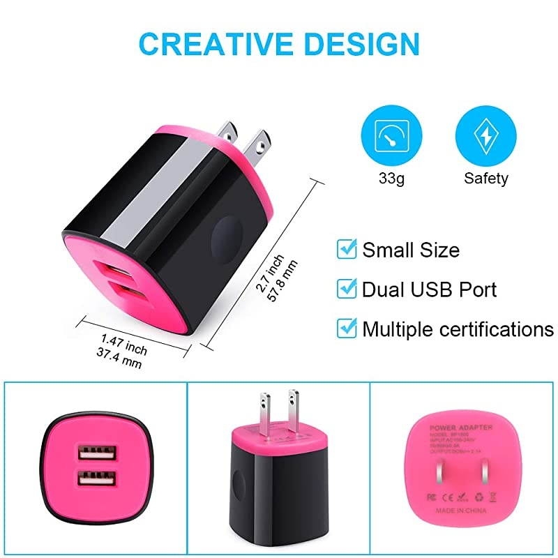 Block Compatible LG G8 G7 G6 G5 V40 V50 Thinq Samsung Galaxy A20 A50 A70 S10 Moto G7 Power G6 Plus USB Wall Charger Dual USB Car Charger Adapter with 2PCS Type C Fast Cord Cable