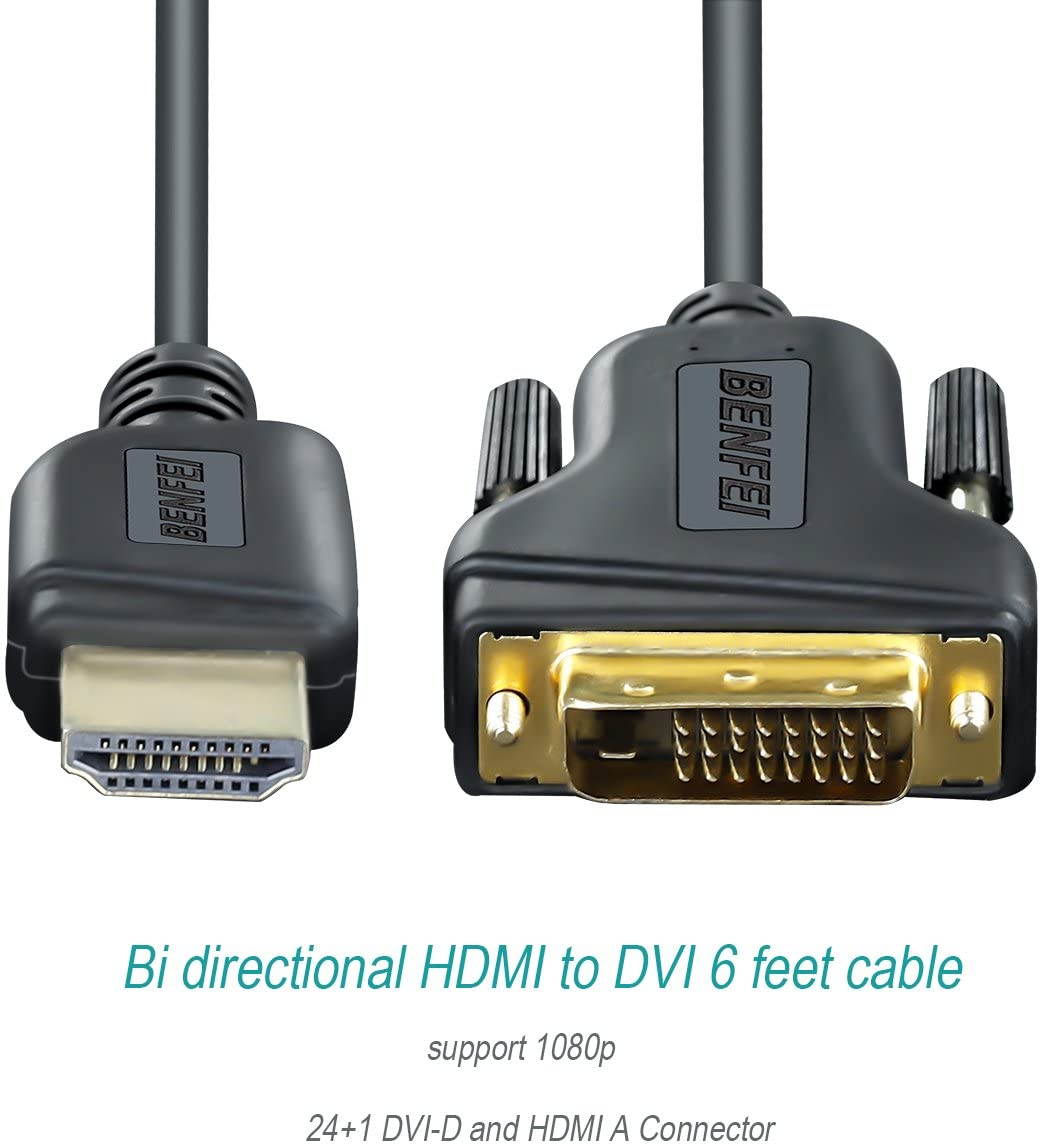 HDMI to DVI, HDMI to DVI Cable Bi Directional DVI-D 24+1 Male to HDMI Male High Speed Adapter Cable Support 1080P Full HD Compatible for Raspberry Pi, Roku, Xbox One, PS4 PS3, Graphics Card