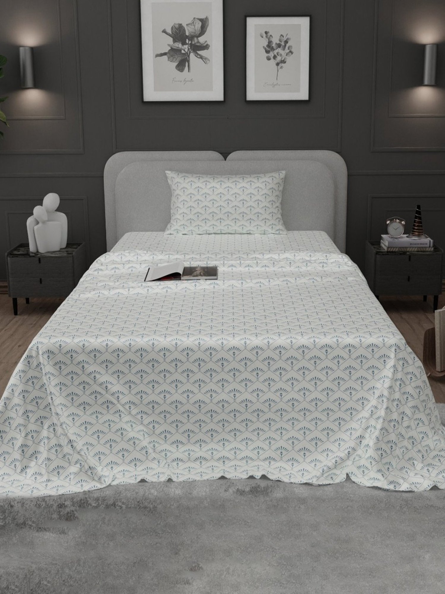 Stoa Paris Elegance Blue Polyester 300 TC Sateen Single Size Bed Sheet With 1 Pillow Cover