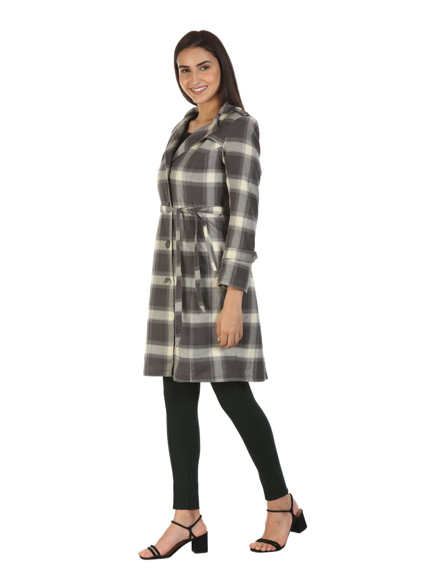 Mustard Grey Checks Trench Coat