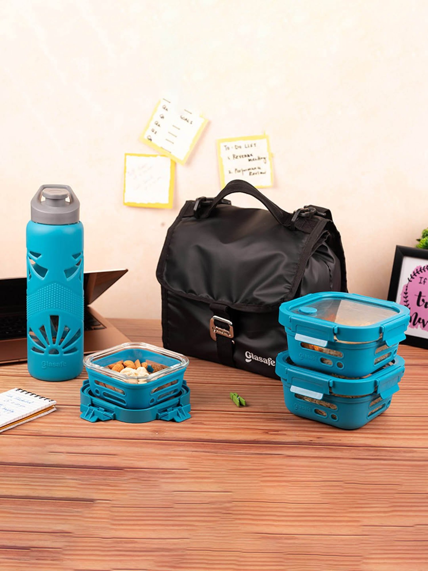 Glasafe Trio Grip Tranquil Teal Borosilicate Tiffin Combo