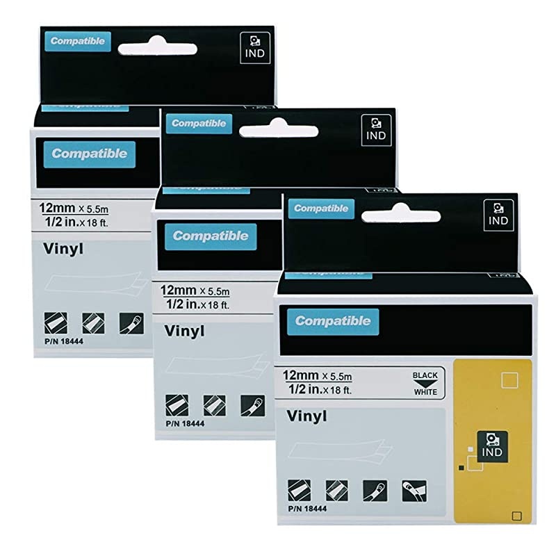 Compatible Industrial Label Tapes Replacement for DYMO 18444 Permanent Vinyl Tapes Use with DYMO Rhino 4200 5200 5000 6000 Industrial Label Maker Black on White 12 Inch x 18 Feet3Pack