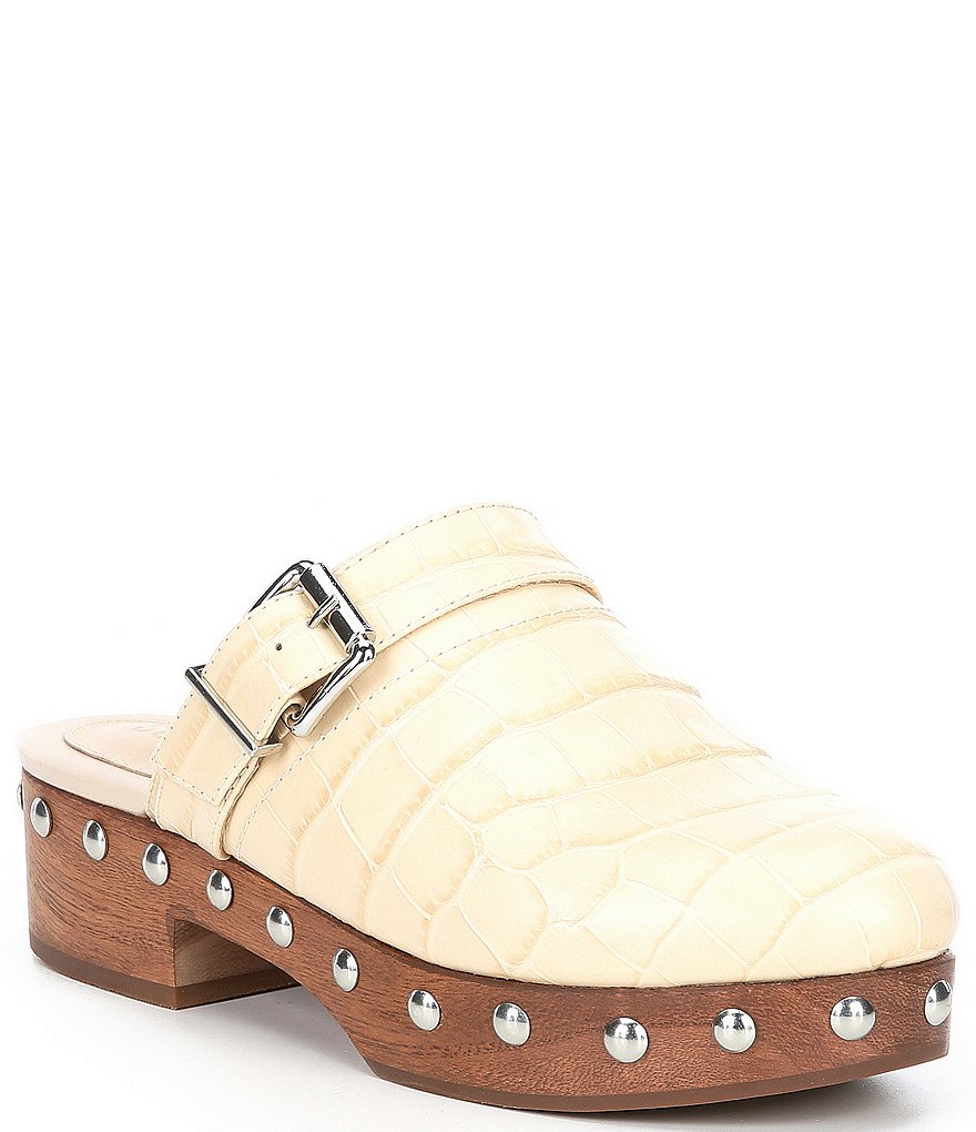 Schutz Smooshy Croco Print Leather Nailhead Buckled Strap Platform Mule Clogs