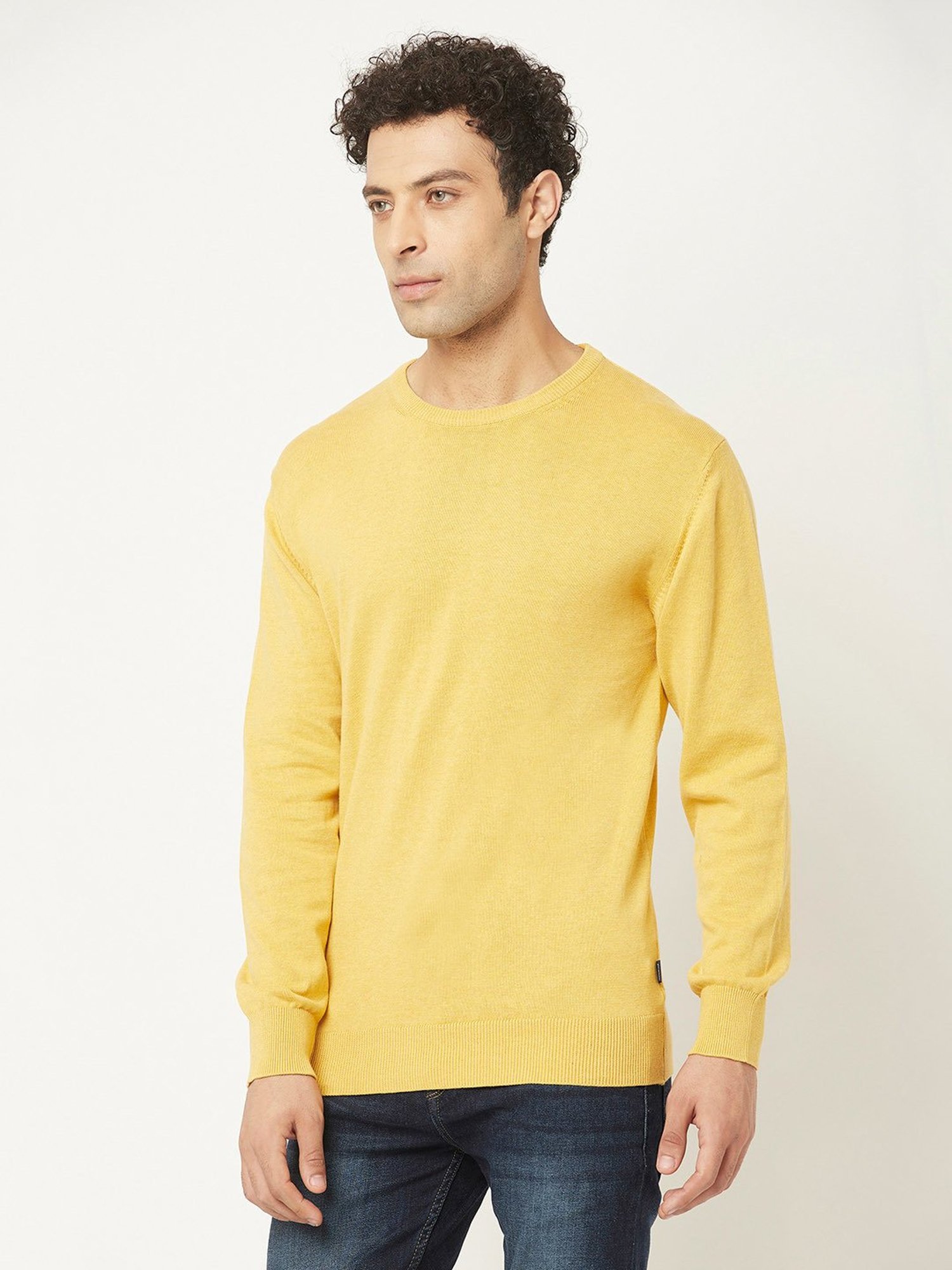 Crimsoune Club Yellow Regular Fit Round Neck Cotton Sweater