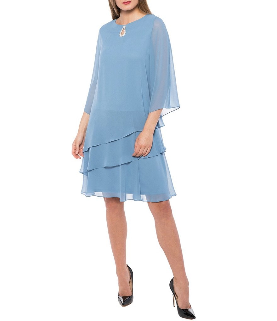 Marina Split 3/4 Sleeve Round Beaded Keyhole Neck Asymmetrical Tiered Chiffon Shift Dress