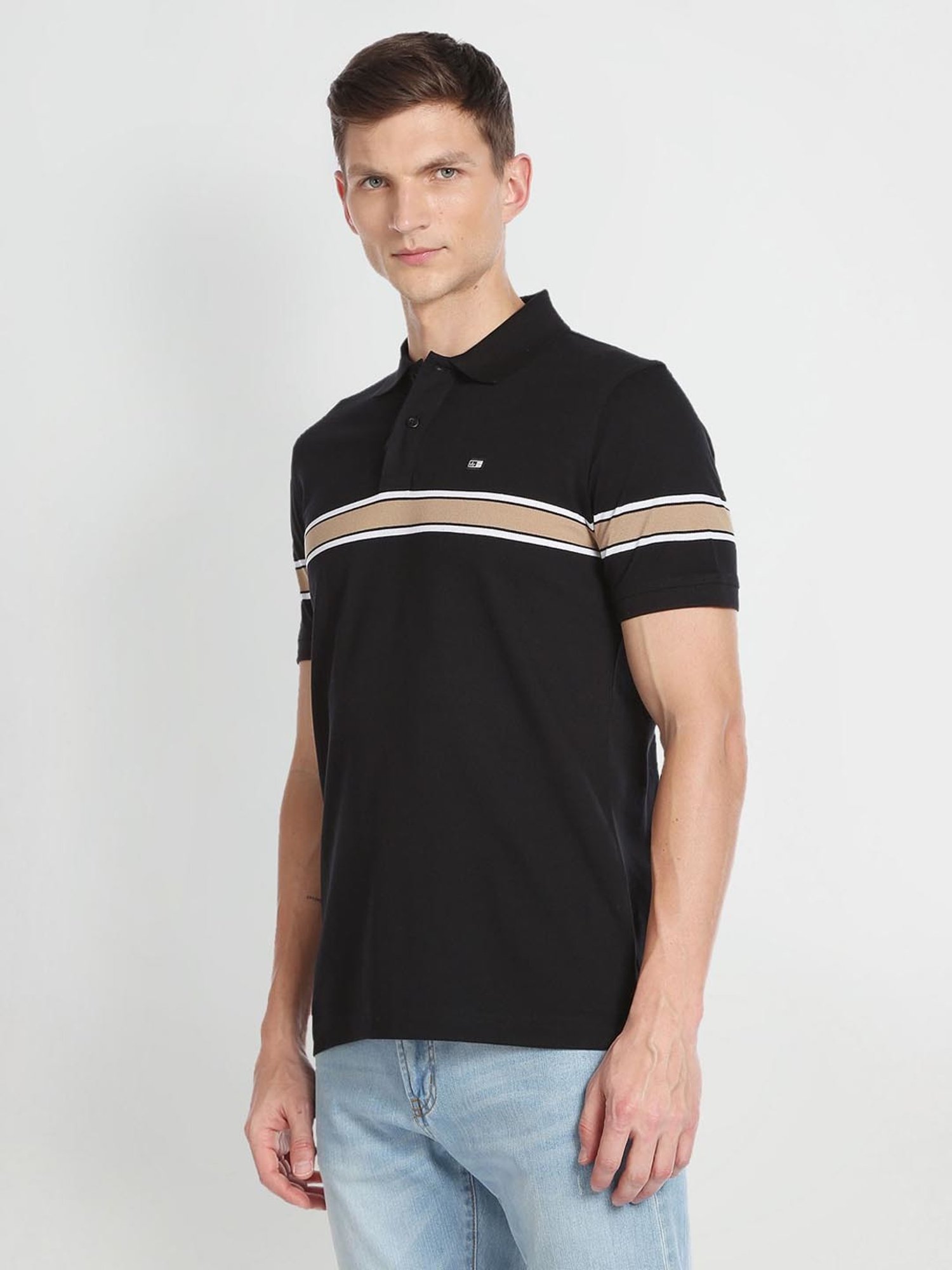 Arrow Sport Black Cotton Regular Fit Striped Polo T-Shirt