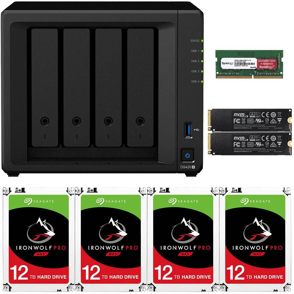 Synology DS420+ DiskStation with 2GB RAM and 24TB (4 x 6TB) of Seagate Ironwolf PRO Drives and 2TB (2x1TB) NVMe Cache Fully Assembled and Tested By CustomTechSales