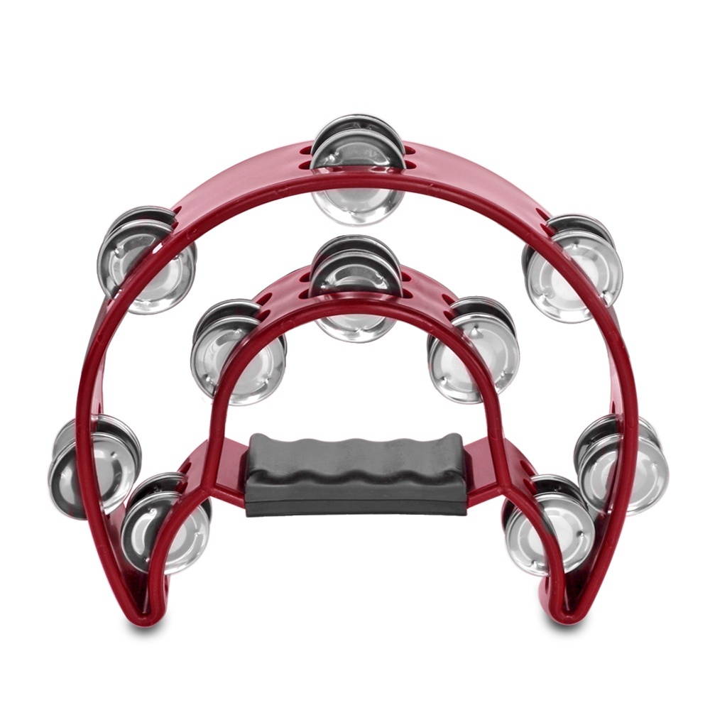 Half Moon Musical Tambourine Double Row Metal Jingles Hand Held Percussion Drum for Gift KTV Party Kids Toy in Red with Ergonomic Grip