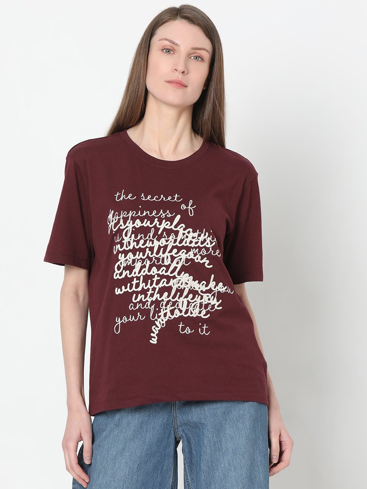 Vero Moda Wine Cotton Embroidered T-Shirt
