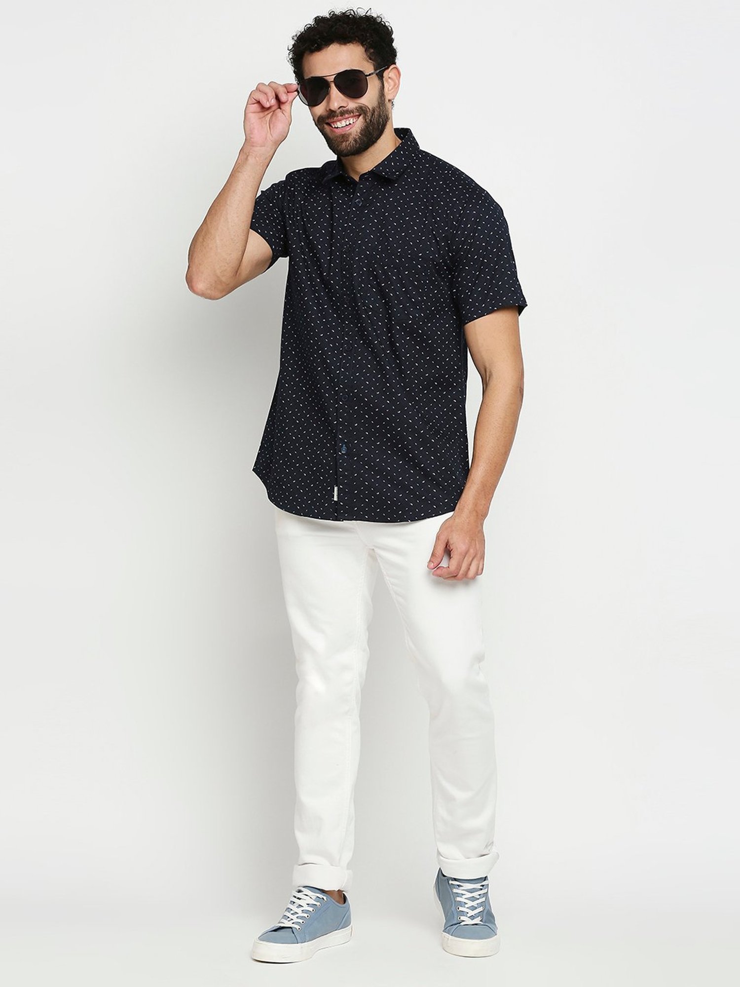 SOLEMIO Navy Slim Fit Printed Cotton Shirt