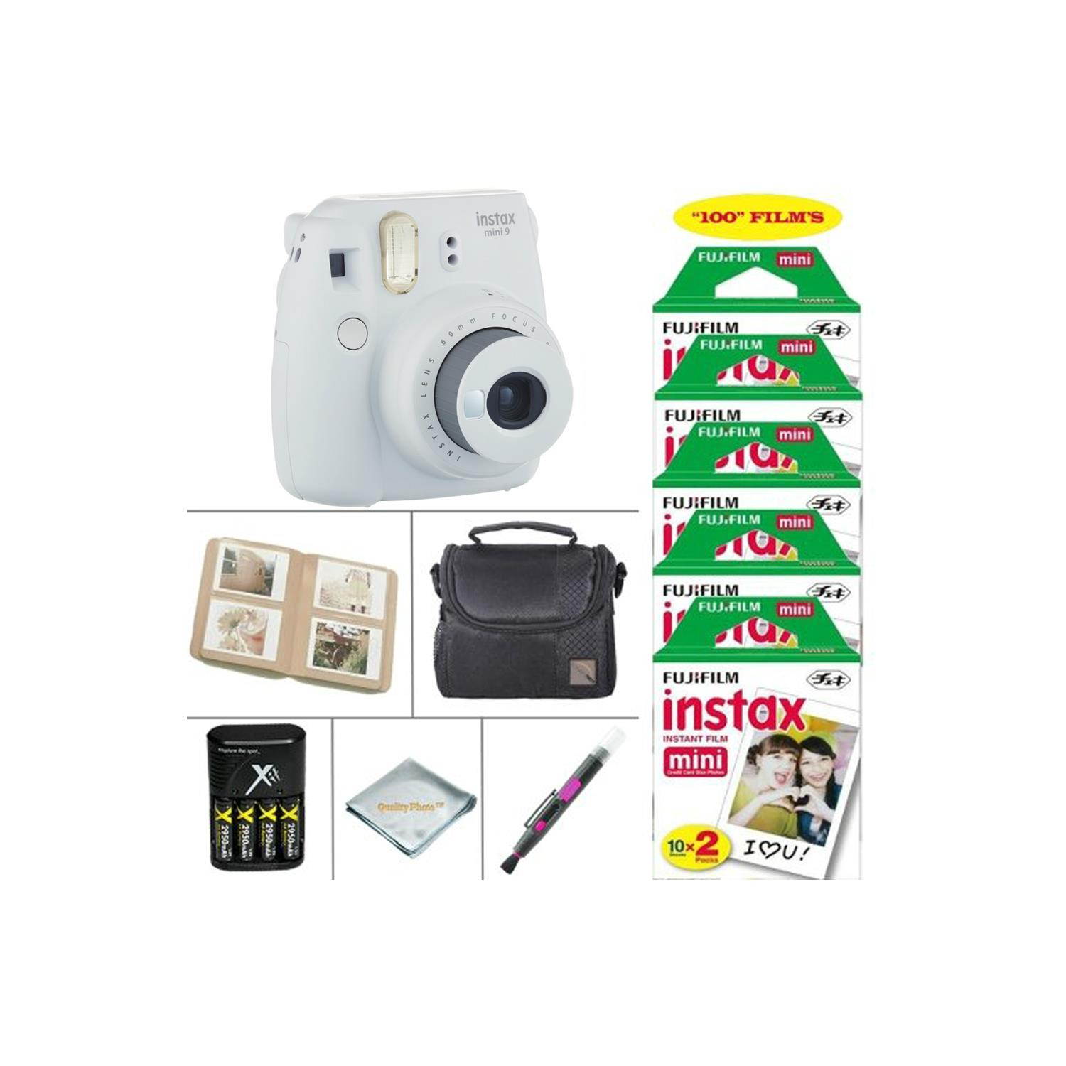 Fujifilm Mini 9 Instant Film Camera (Smokey White) - Fujifilm Instax Film 100 PCS - Battery & Cahrger - Photo Album - Case