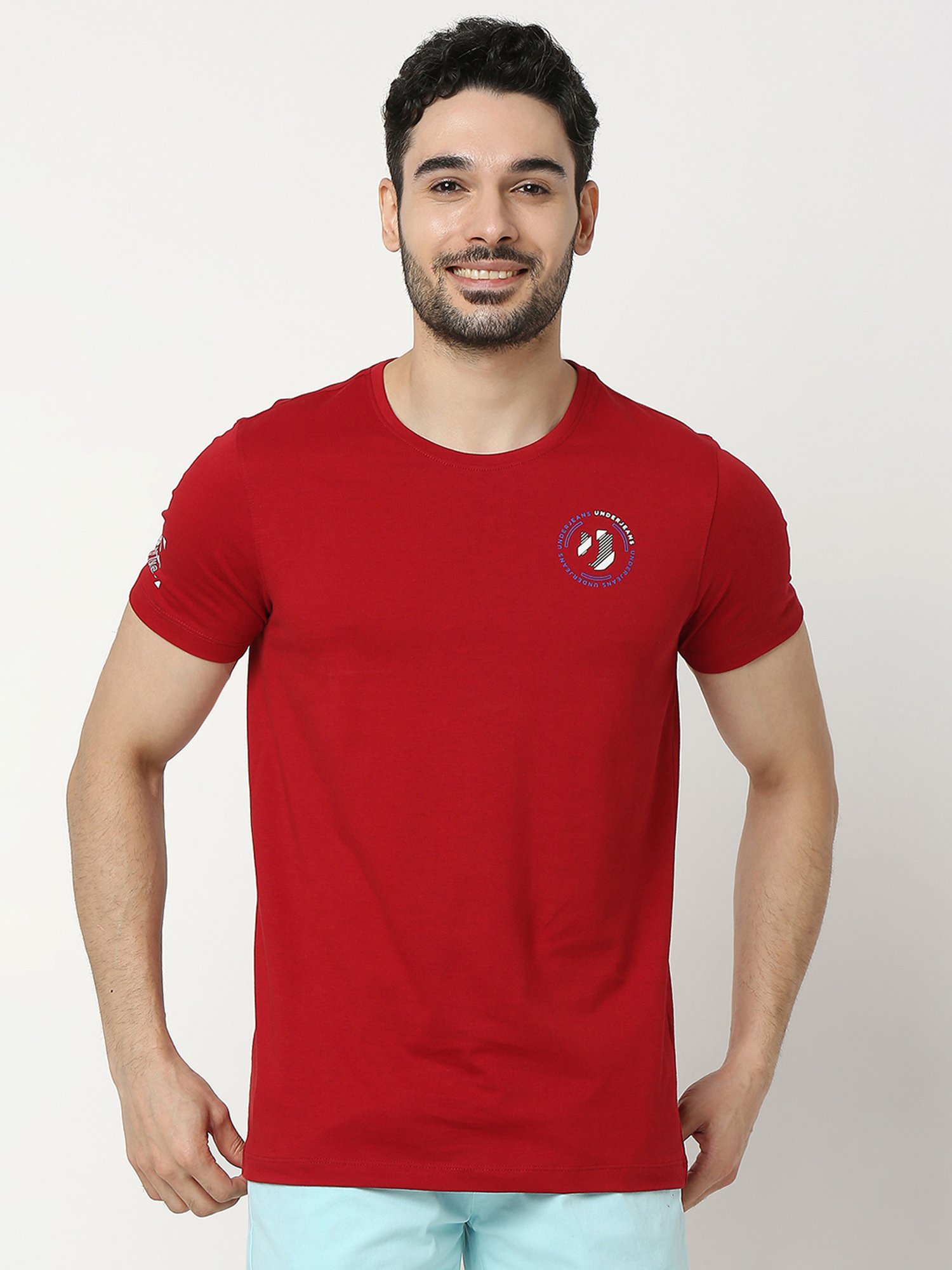 UnderJeans by Spykar Deep Red Regular Fit Logo Print Cotton Crew T-Shirt