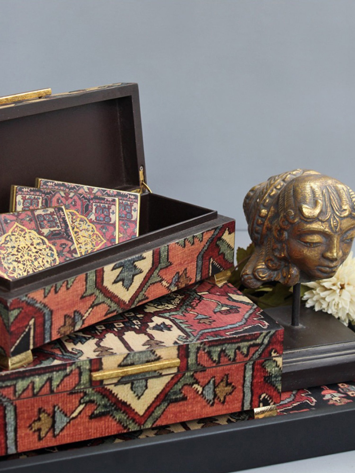 Karo Tapi Printed Multicolor Wood Coasters - Set of 6