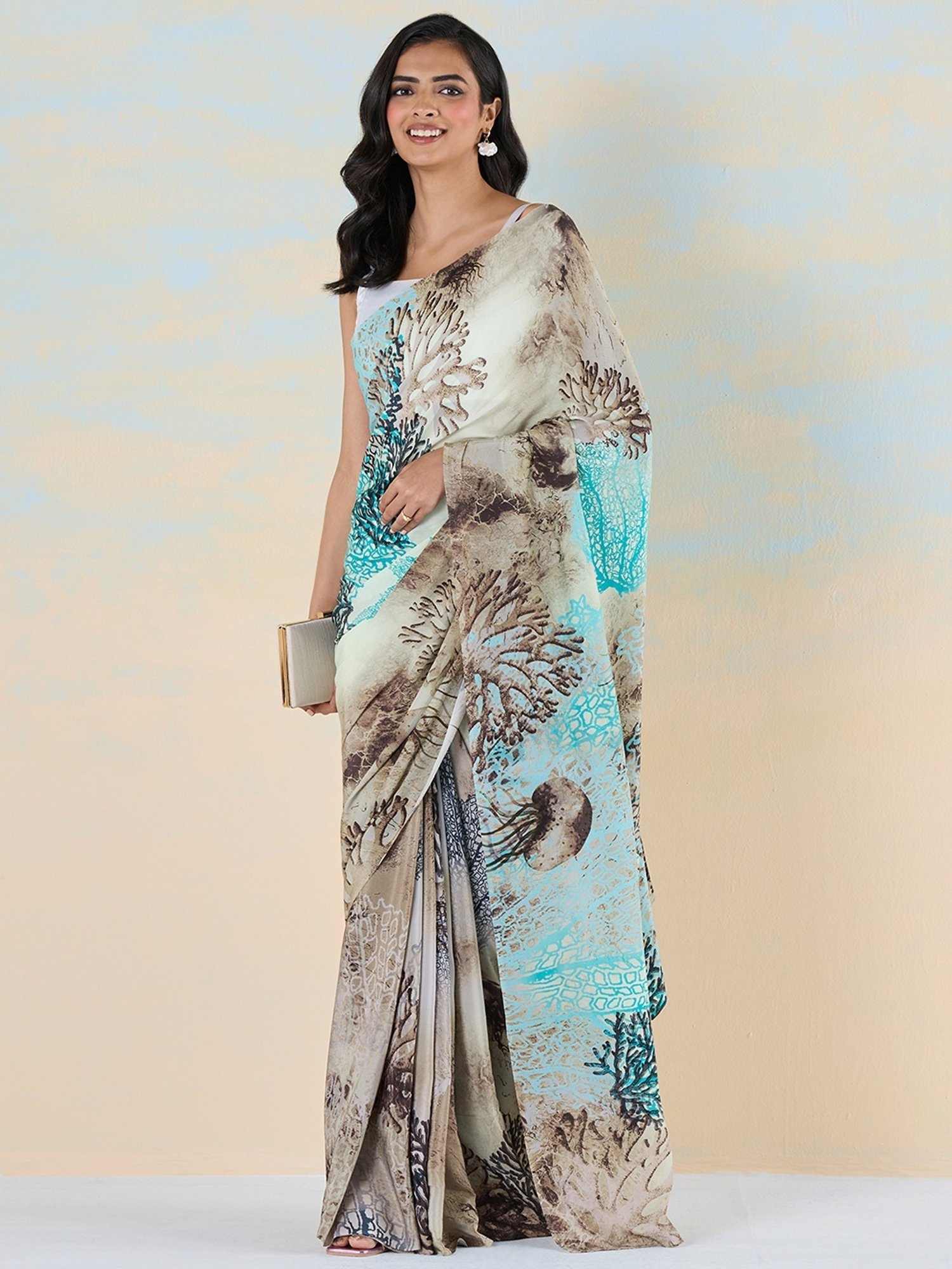 navyasa by liva Blue & Brown Printed Saree With Unstitched Blouse